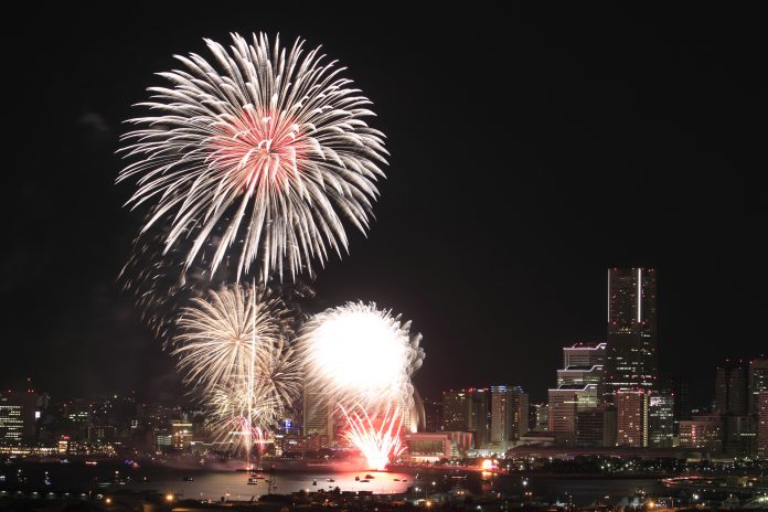 Fireworks in Yokohama port festival at Kanagawa, Japan