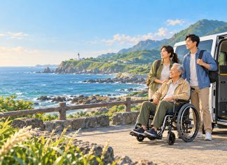 長輩乘坐輪椅與家人搭乘福祉車展開北海岸無障礙旅遊