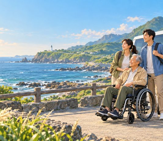 長輩乘坐輪椅與家人搭乘福祉車展開北海岸無障礙旅遊