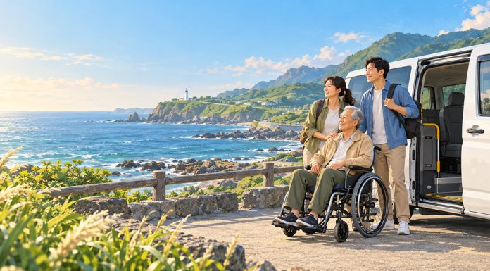 長輩乘坐輪椅與家人搭乘福祉車展開北海岸無障礙旅遊