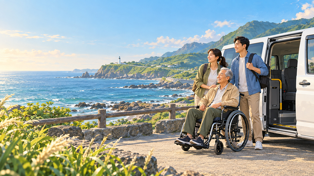 accessible-travel-taiwan-family-hero 長輩乘坐輪椅與家人搭乘福祉車展開北海岸無障礙旅遊