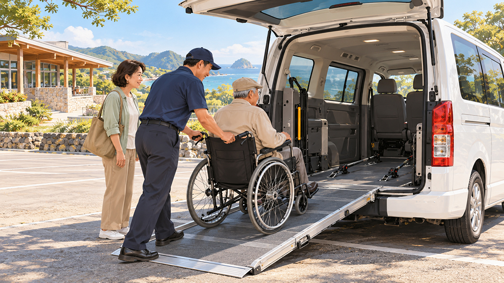無障礙旅遊怎麼規劃?長輩與輪椅出遊行前清單X5條包車路線 5 輪椅長輩透過斜坡板安全搭乘無障礙福祉車
